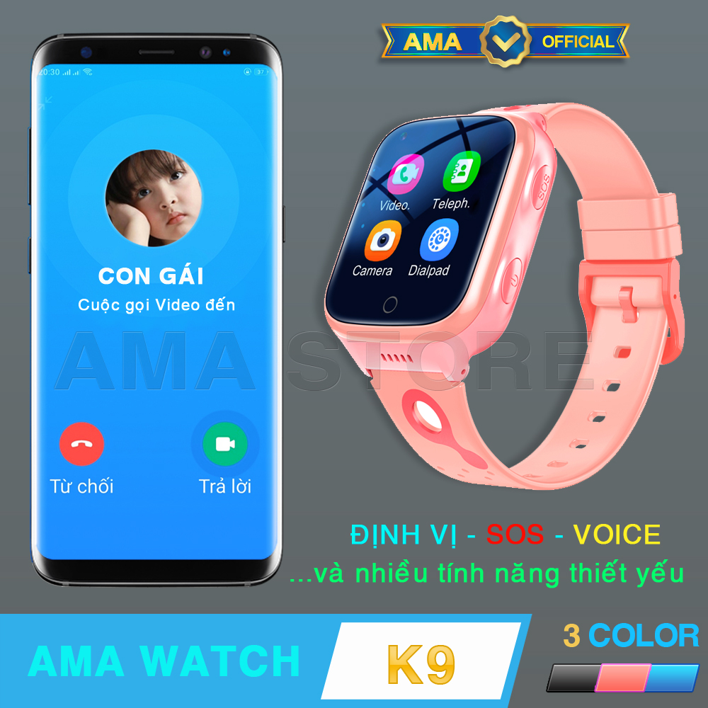 Đồng hồ Định vị Gọi Video Call 4G GPS Nhỏ gọn Pin Trâu Chống nước Model AMA Watch K9 Thông minh | Màu Đen, Hồng, Xanh Hàng nhập khẩu