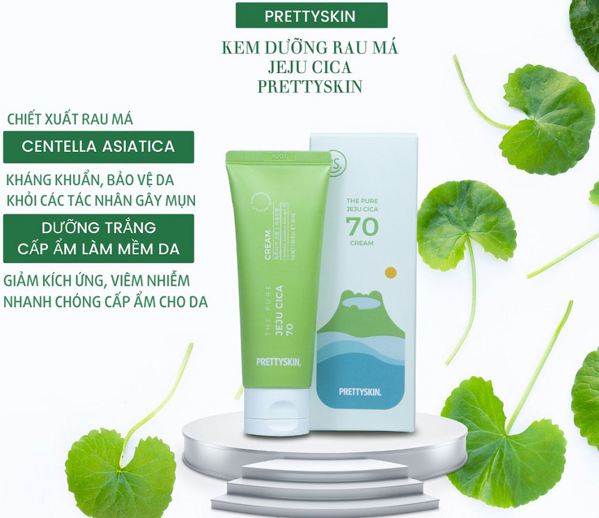 Kem dưỡng rau má PrettySkin The Pure Jeju Cica 70 Cream 50ml - làm dịu và lành da, hạn chế các vết thâm