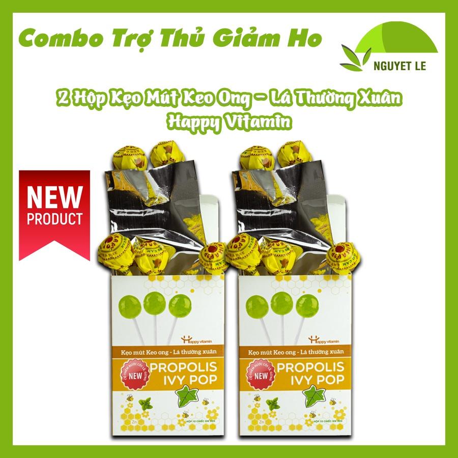 Bộ combo trợ thủ giảm ho - 2 hộp kẹo mút keo ong lá thường xuân Happy Vitamin - Hộp 12 cây