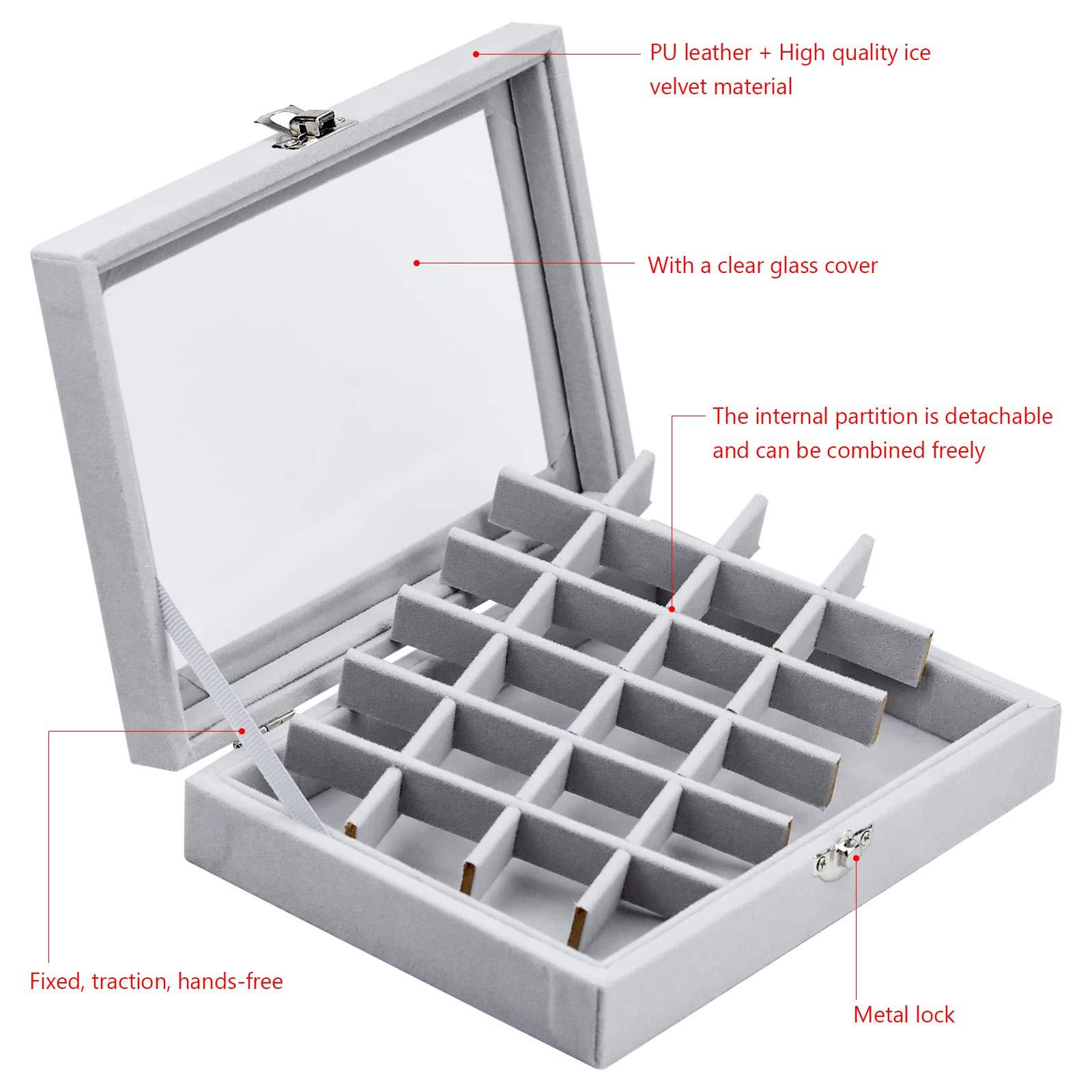 Hộp Trang Sức 24 Ngăn, Rương Trang Sức, Màn Hình Có Nắp Kính Trong Cho Nhẫn, Đồng Hồ, Dây Chuyền, Hoa Tai, Ý Tưởng Quà Tặng