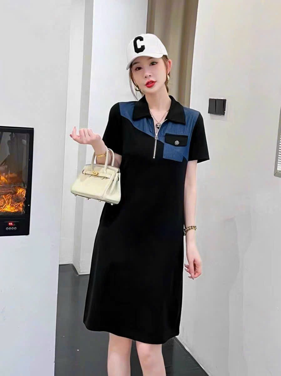 ĐẦM SUÔNG THUN PHỐI JEAN CỔ KHÓA CAO CẤP