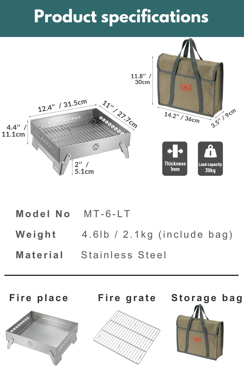 Bếp củi gấp gọn thép không gỉ Campingmoon MT-6-LT