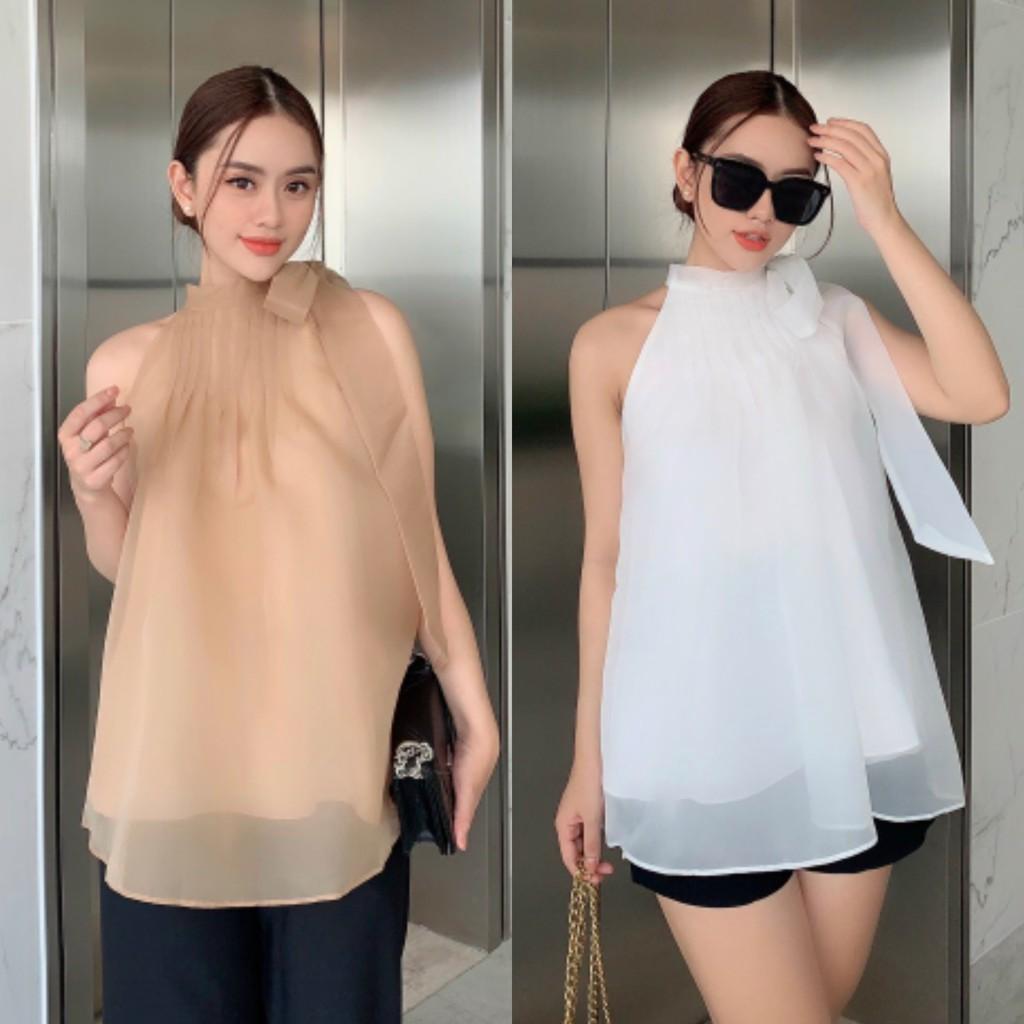 Áo voan tơ cổ yếm xếp li cột nơ