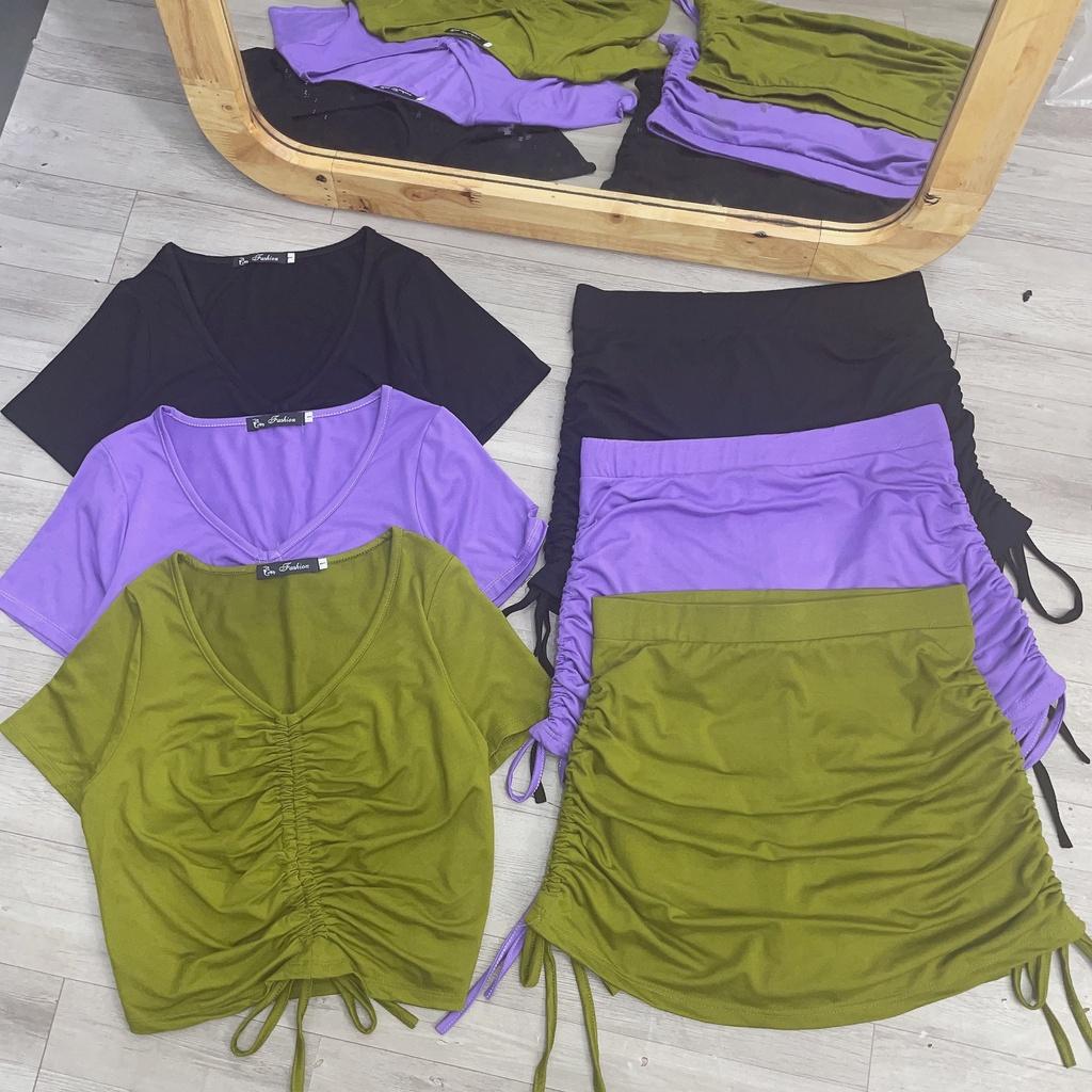 Set Áo thun croptop bigsize và chân váy rút dây phía trước hai bên, Áo thun chân váy nữ BIGSIZE CÔ NHỎ- SET28 - Màu Tím