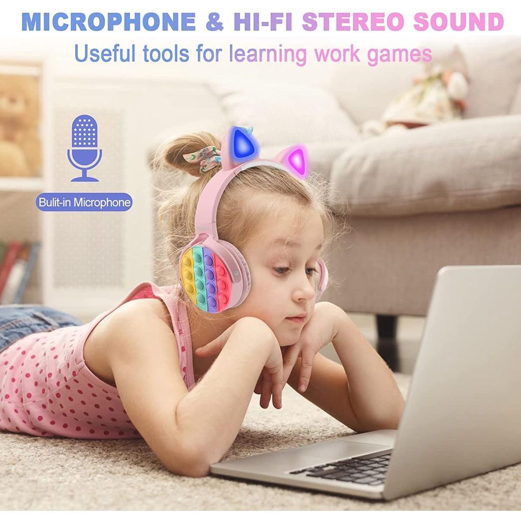 Tai nghe bluetooth không dây có hình tai mèo dễ thương có đèn LED và micro