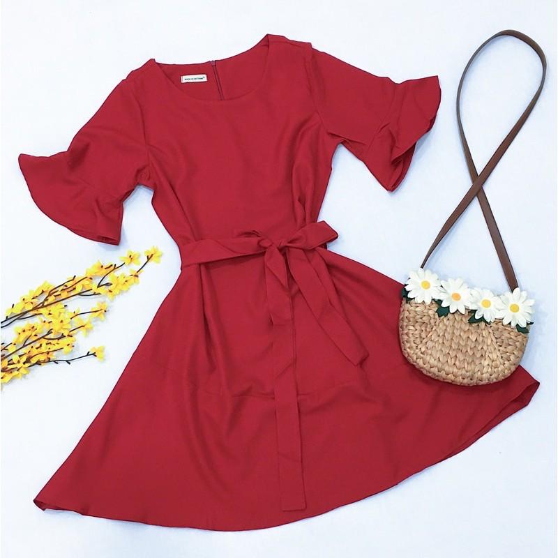 Đầm váy đỏ cột eo (kèm hình thật)