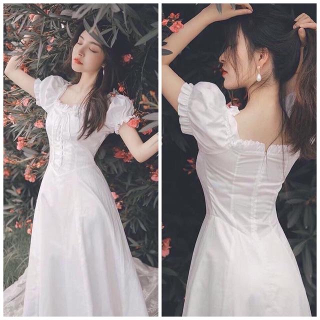 Đầm dự tiệc váy xếp ly váy công sở cổ vuông tay bồng - Đầm công sở Đầm váy trắng đi tiệc cổ bèo đan dây trước