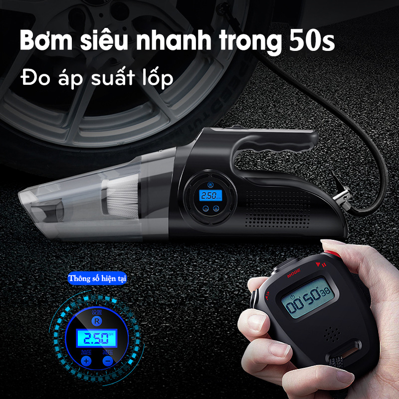 Máy hút bụi và bơm lốp Ô Tô - Công suất 120W 4 in 1 Bơm/Hút/Đèn chiếu sáng/Đồng hồ đo áp suất lốp - K1342