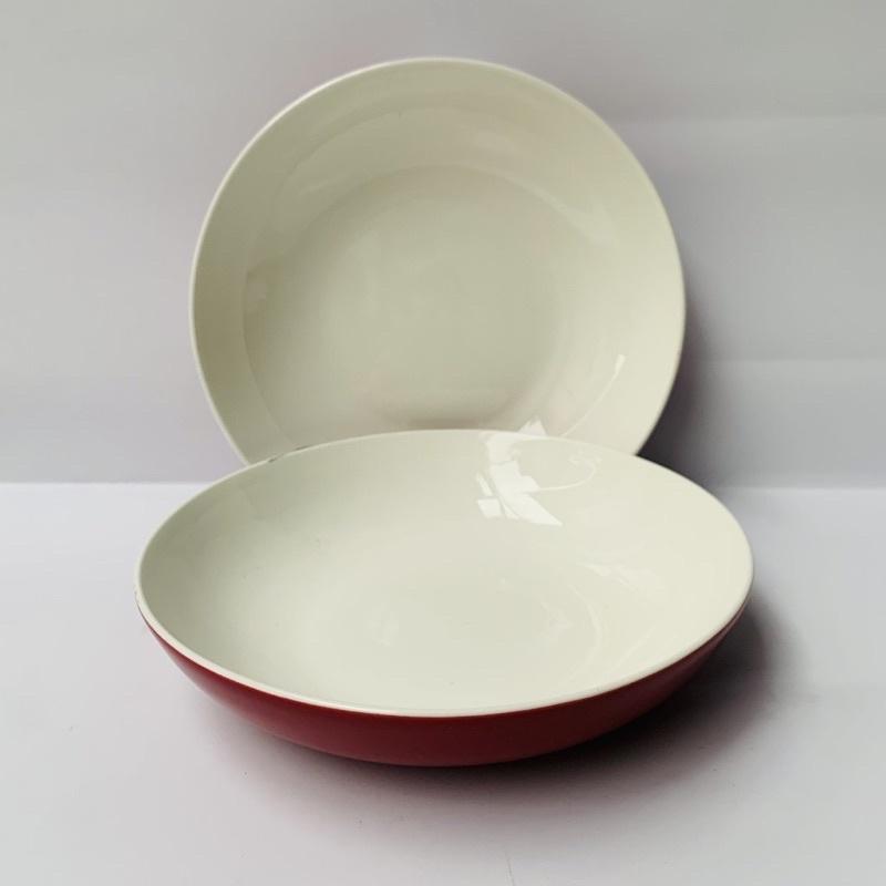 Bộ 2 dĩa sứ trắng sâu lòng - 20cm - màu đỏ pastel- men sứ trắng caocấp