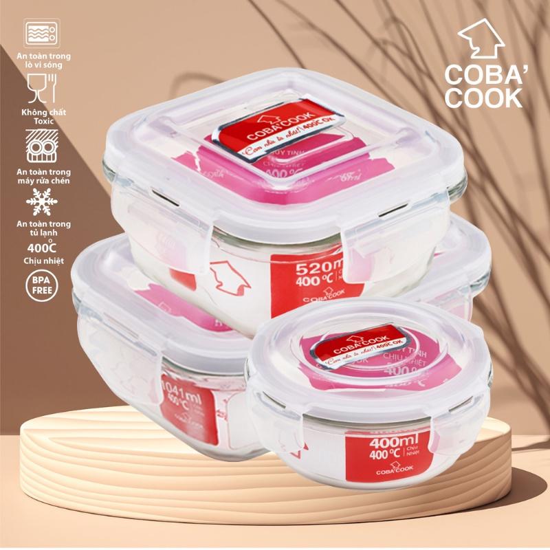 Bộ 3 hộp thủy tinh trữ thực phẩm COBA'COOK chịu nhiệt chữ nhật 1041ml vuông 520ml tròn 400ml COBA'COOK - CCR4S5L13