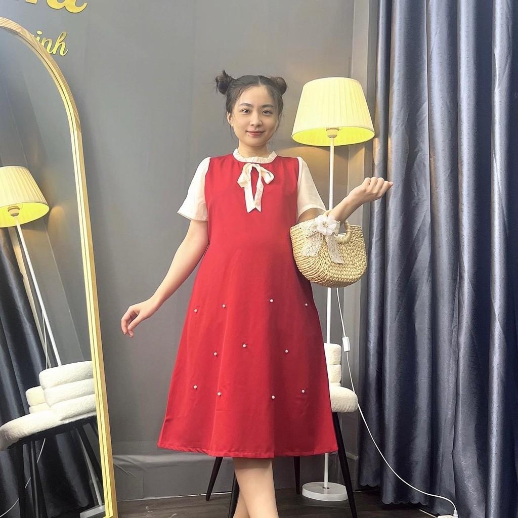 Đầm bầu cổ bèo thắt nơ đính hạt phom suông dễ thương gon dáng, mặc đi làm đi chơi - Đỏ