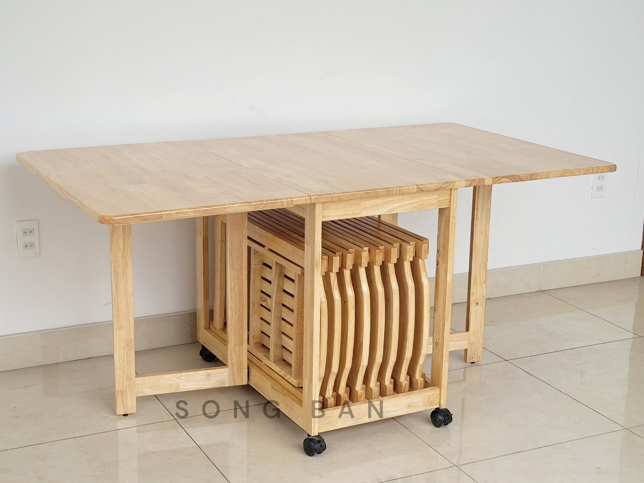 Bàn Ăn Gỗ Cao Su Xếp Gọn 90 x 1m6 Thông Minh Dày Dặn Chắc Chắn - Hàng VN Xuất Khẩu