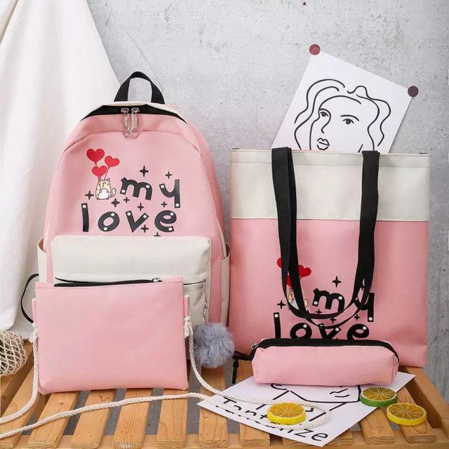 Cặp học sinh 4 món giá rẻ, cặp đi học 4 món, cặp học sinh nữ, ba lô nữ đẹp, balo MY LOVE