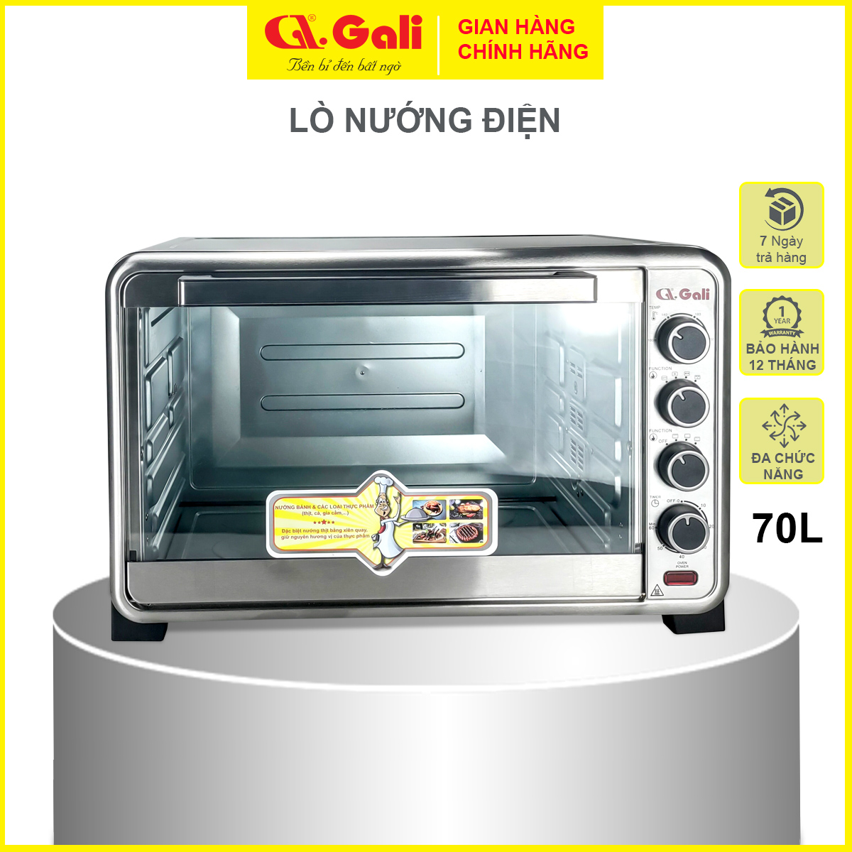 Lò nướng điện đa năng dung tích lớn 70 lít, có đèn, xiên quay, quạt đối lưu, hàng chính hãng Gali bảo hành 12 tháng.