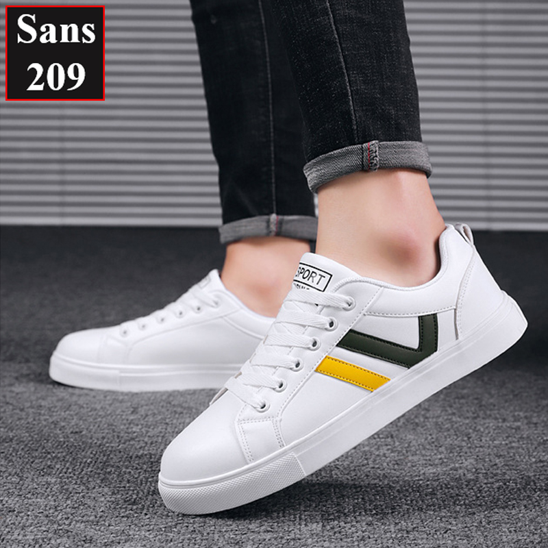 Giày thể thao nam sneaker Sans209 giầy sport trắng cổ thấp đế bệt sọc đen đỏ vàng bền đẹp thời trang hàn quốc trẻ trung