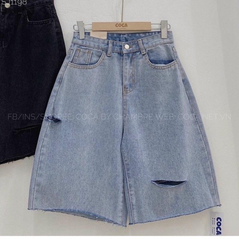 Quần ngố jean ống suông rách cá tính mã 012