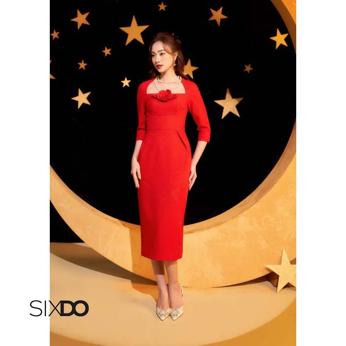 Đầm ôm midi tay lỡ kèm hoa sang trọng SIXDO