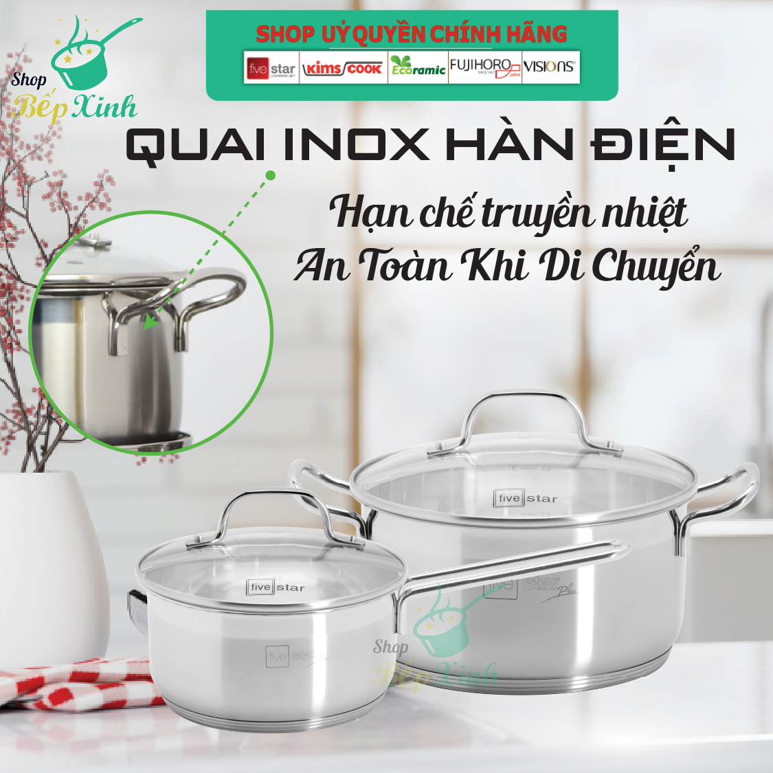 Nồi 5 đáy inox 304 bếp từ cao cấp Fivestar Plus nắp kính , dùng tốt mọi bếp , size 16/18/20/24cm - Shop Bếp Xinh