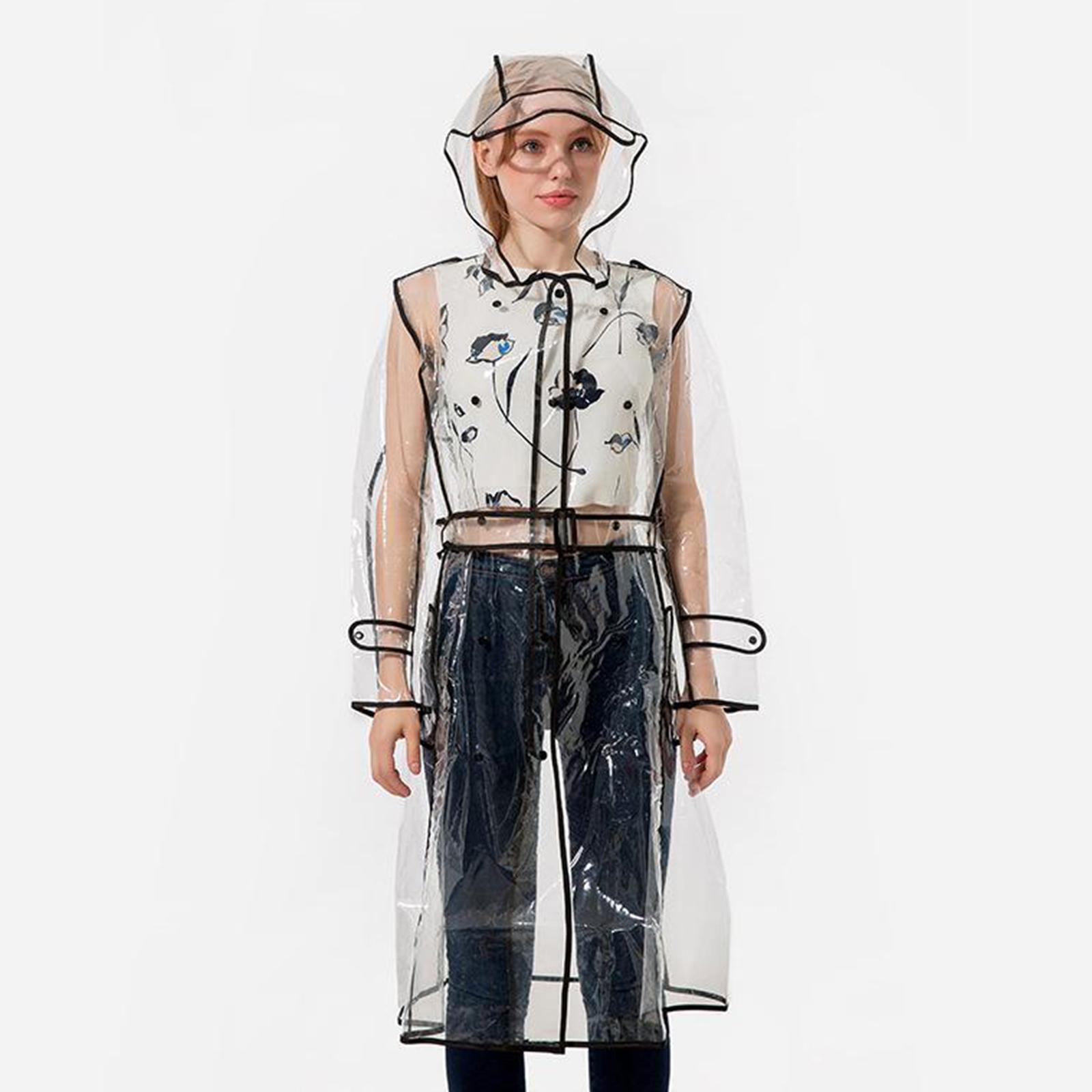 Ladies Girls Transparent Clear Waterproof Raincoat Rain Poncho Jacket Wind Coat