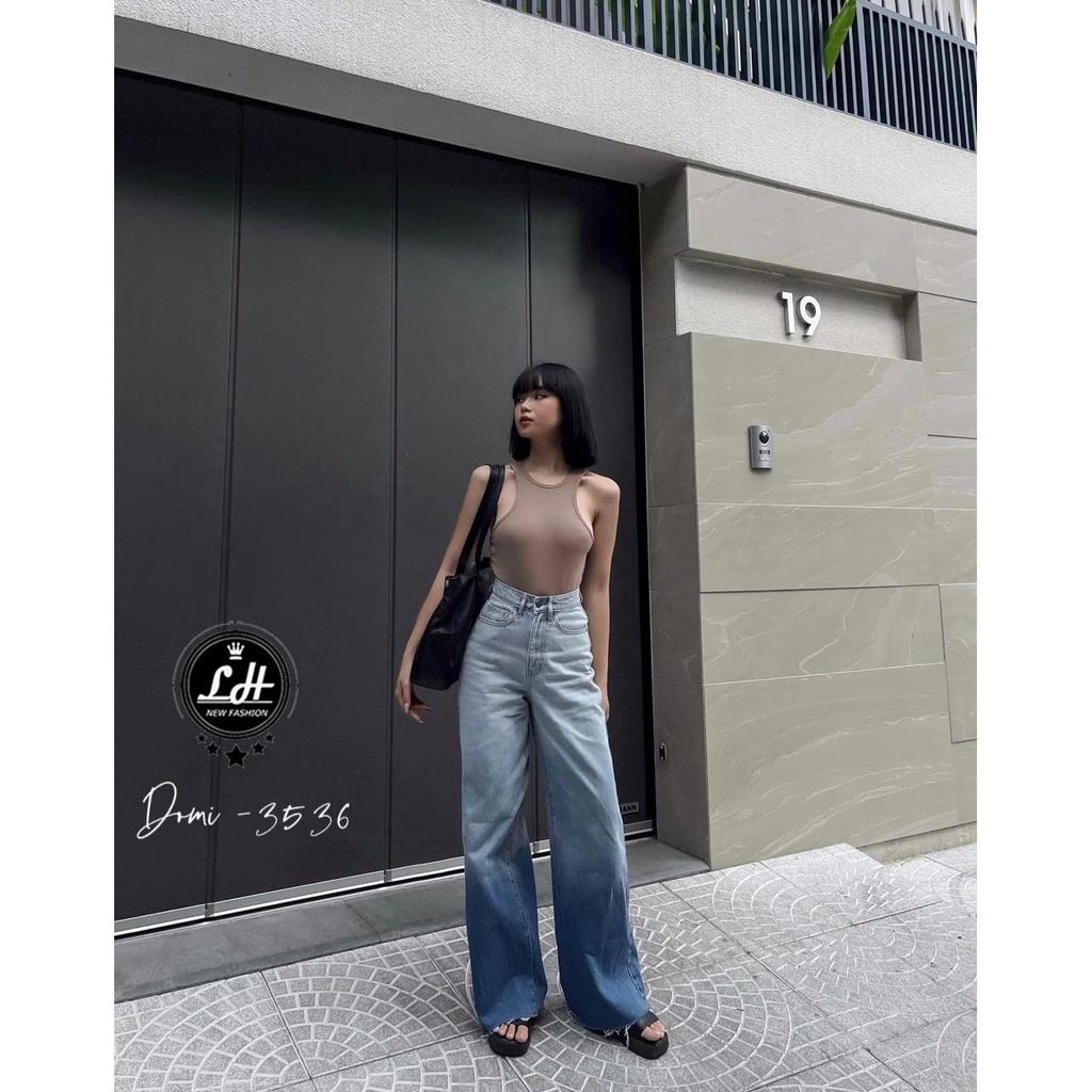 Quần jean nữ ống rộng, quần bò màu xanh loang rách lai tua rua siêu cá tính Lê Huy Fashion MS 3536