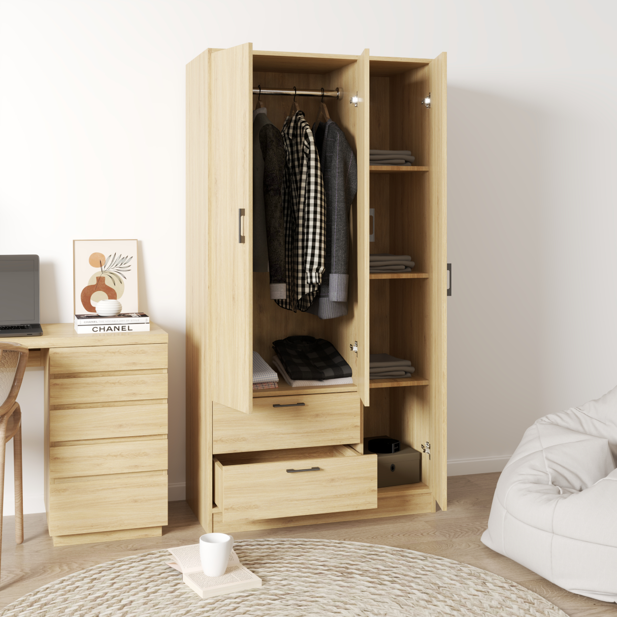 [Happy Home Furniture] SALY ,  Tủ quần áo đa năng - 3 cửa mở ,  92cm x 45cm x 180cm ( DxRxC), TCM_007