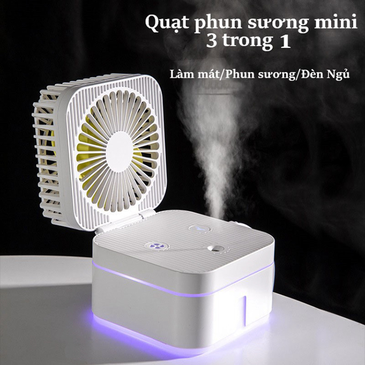 Quạt Hơi Nước Mini Phun Sương Để Bàn Thiết Kế 3 Chế Độ Mát , 2 Chế Độ Phụn Sương , Kiêm Đèn Ngủ Gấp Gọn Siêu Tiện Dụng - Hàng Nhập Khẩu