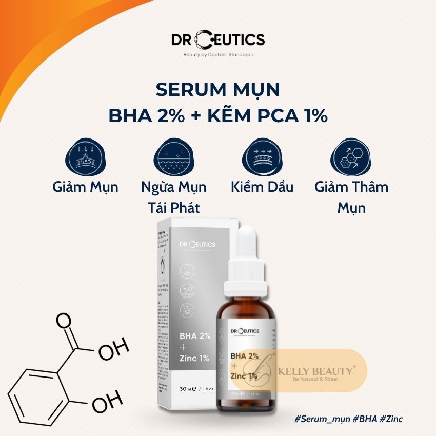 Serum Mụn DrCeutics BHA 2% + ZinC 1% - Cải Thiện &amp; Ngừa Mụn; Giúp Kiềm Dầu | Kelly Beauty