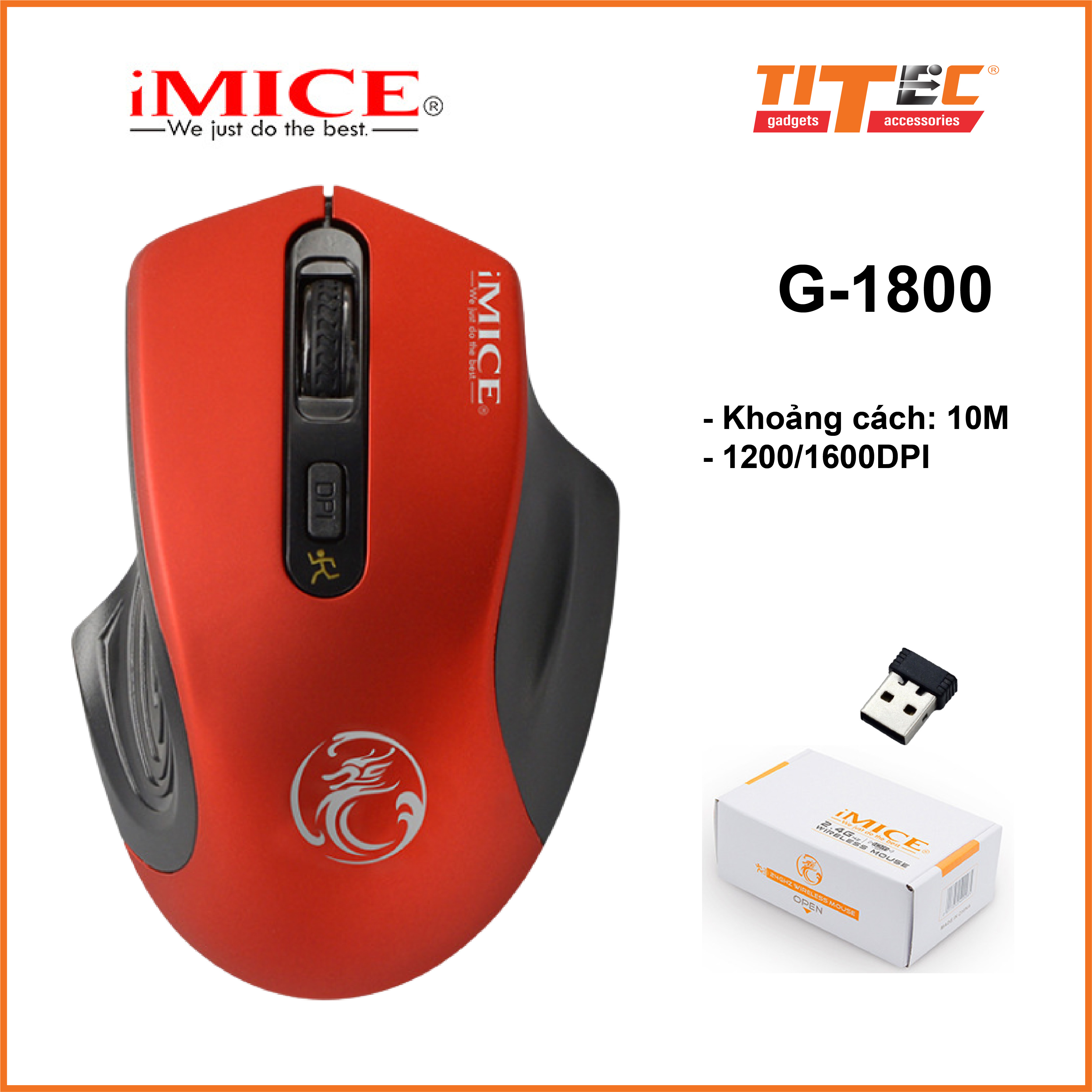 Chuột vi tính không dây IMICE gamming G1800,  nút bấm DPI 800/1200/1600DPI, Wireless 2.4Ghz, khoảng cách lên đến 10m - hàng chính hãng