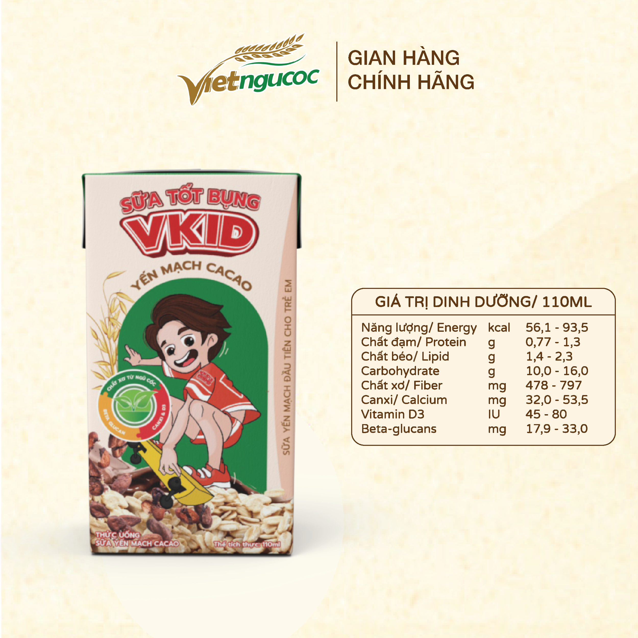 Lốc 4 Hộp Sữa Yến Mạch Vkid VIỆT NGŨ CỐC Cho Bé Thơm Ngon Hương Vị Cacao 110ml/Hộp