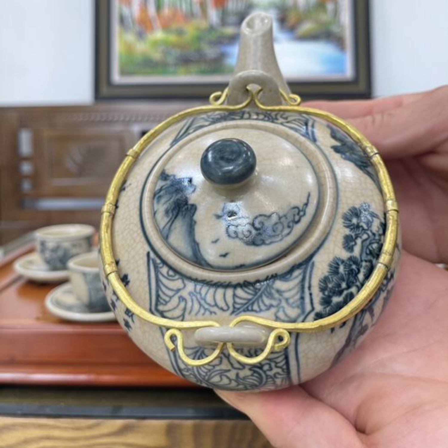 Bộ ấm chén uống trà cao cấp , bộ ấm trà Bát Tràng - sơn thủy hữu tình