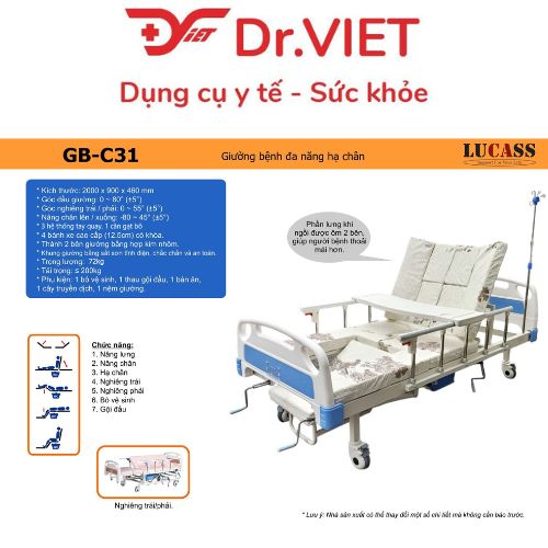 Giường bệnh 4 tay quay đa chức năng Lucass GB-C31 - hỗ trợ chăm sóc người già, người bệnh, người tàn tật, người bại liệt dễ dàng thuận tiện, đa chức năng nâng hạ đầu, nâng hạ chân, nghiêng trái phải, vệ sinh và gội đầu trên giường