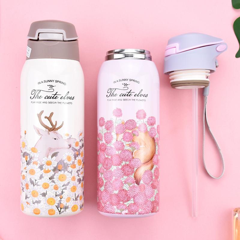 Dễ Thương Hoa Bé Gái Bình Giữ Nhiệt Treo Tường Đôi 304 Bình Giữ Nhiệt Chân Không Thép Không Gỉ Nữ Cách Nhiệt Termos Tumbler Bằng Silicone Ống Hút