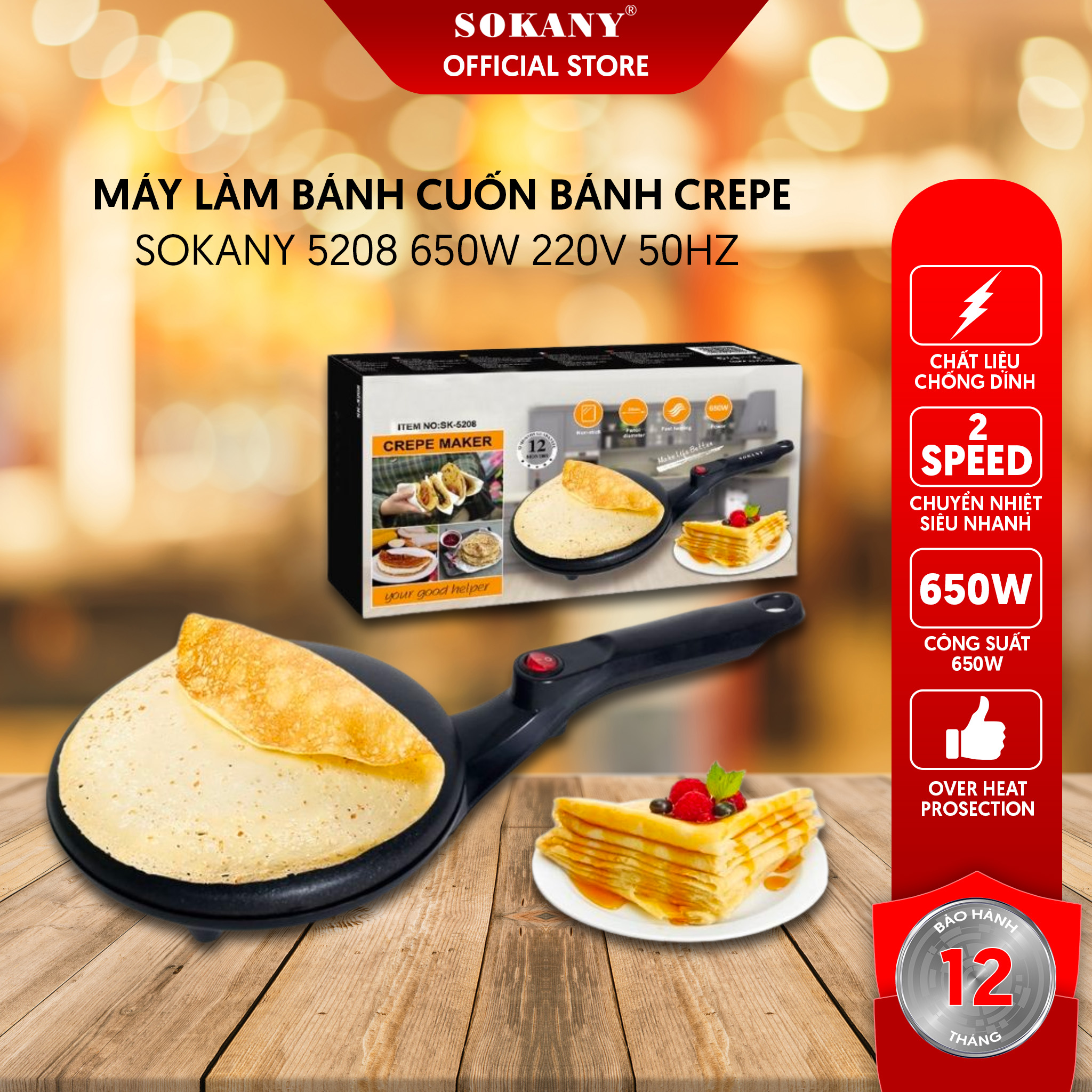 Máy Làm Bánh Cuốn Bánh Crepe SOKANY 5208 600W 220V 50Hz Bảo Hành 12 Tháng