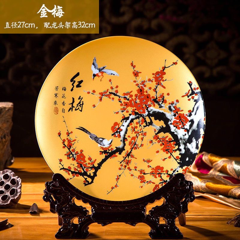 Đĩa gốm phong thủy đại cát : Hoa đào nền vàng
