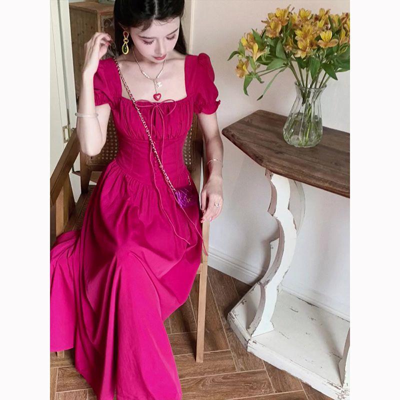 DONGSHOP 2023 Mùa hè Pháp Slim khí chất lãng mạn Vintage đầm trung bình dài hồng đỏ thanh lịch ăn mặc nữ