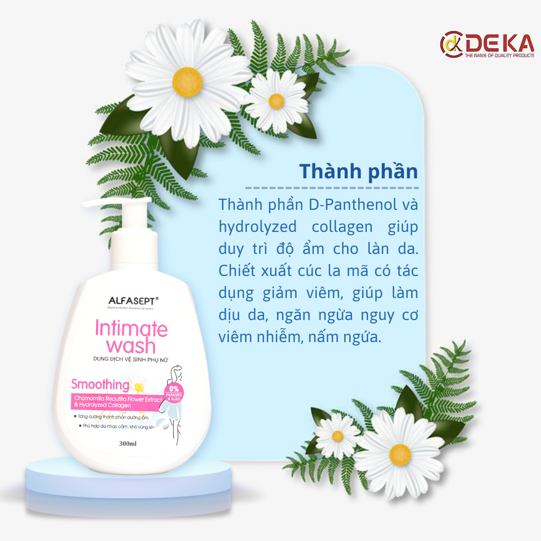 Dung Dịch Vệ Sinh Phụ Nữ Dạng Gel ALFASEPT Intimate Wash Smoothing Chiết Xuất Cúc La Mã Dịu Nhẹ - Tăng Cường Dưỡng Ẩm Chống Khô Rát Chai 150ml/300ml