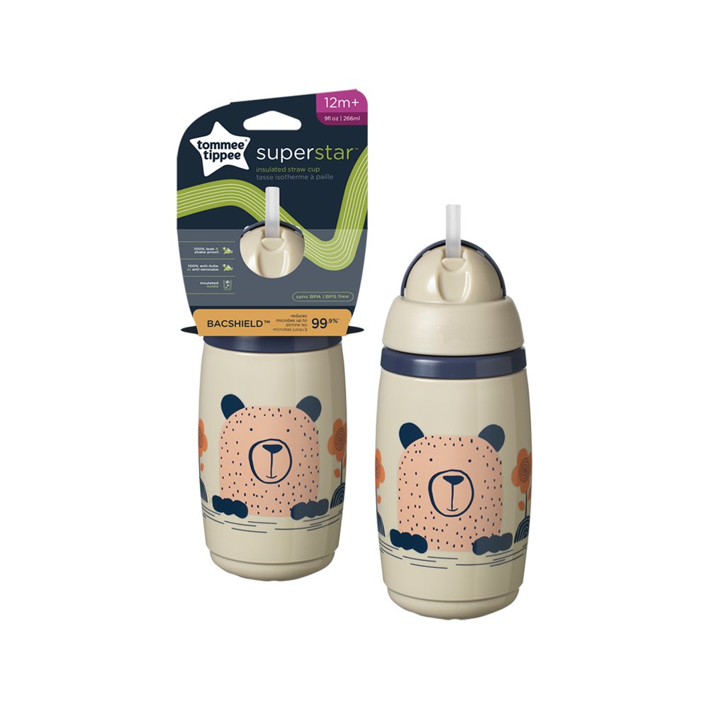Bình Uống Nước Giữ Nhiệt Có Ống Hút Kháng Khuẩn Chống Tràn Cho Bé Tommee Tippee Superstar 266ml, Từ 12 Tháng - Xám