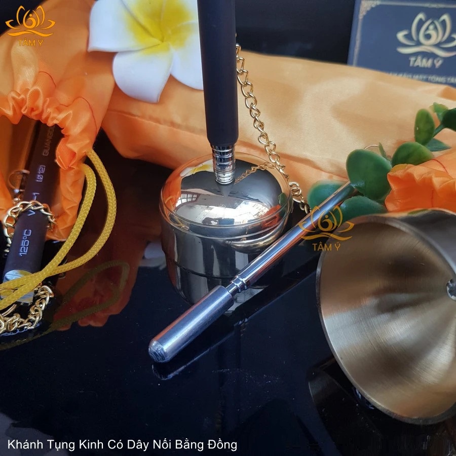 Khánh Tụng Kinh Bằng Đồng, Khánh Dây Mạ Bóng ,Sang Trọng, Có Túi Đựng - Mật Tông Tâm Ý