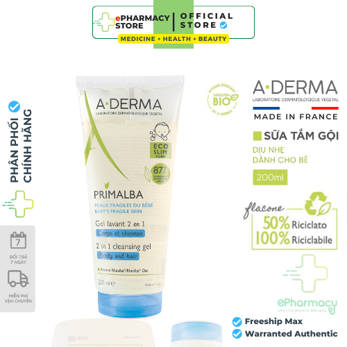 Sữa tắm gội cho bé ADERMA PRIMALBA Cleansing Gel 2in1 - Gel tắm A-Derma dịu nhẹ cho bé