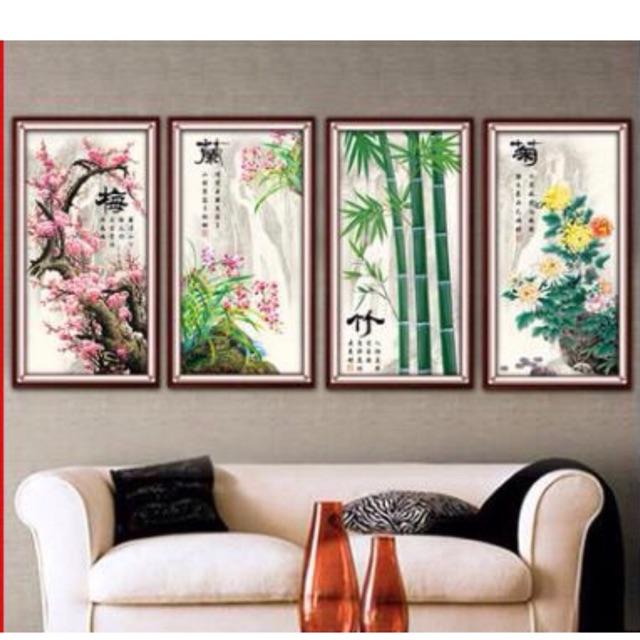 Tranh thêu chữ thập Tứ quý Mai Lan Trúc cúc kt 49x86 cm