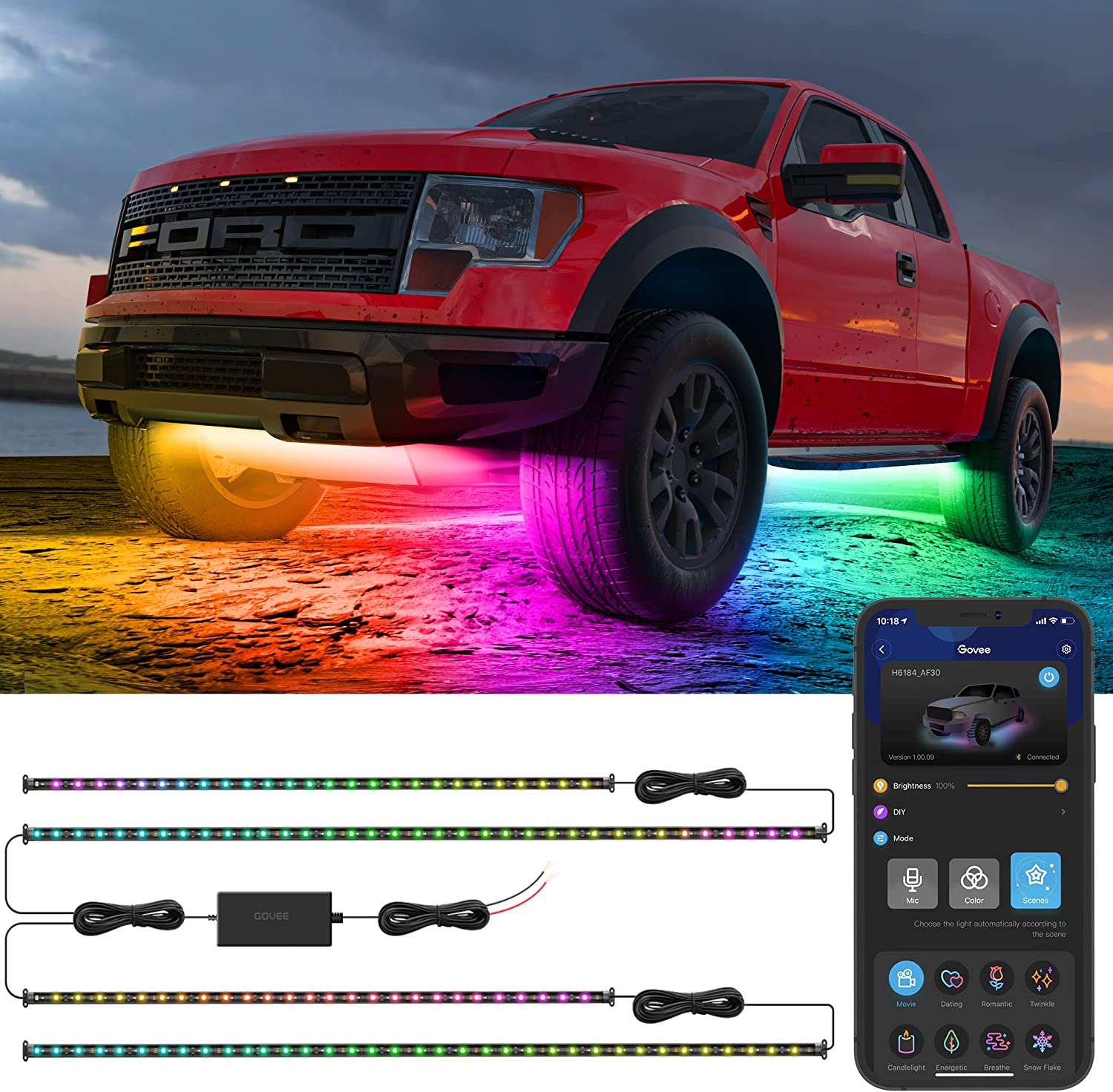 Đèn LED gầm xe ô tô Govee RGBIC Exterior Car Underglow Lights H6184 | Kháng nước, bền bỉ, cảm biến nhạc, tùy chỉnh màu sắc | Hàng chính hãng