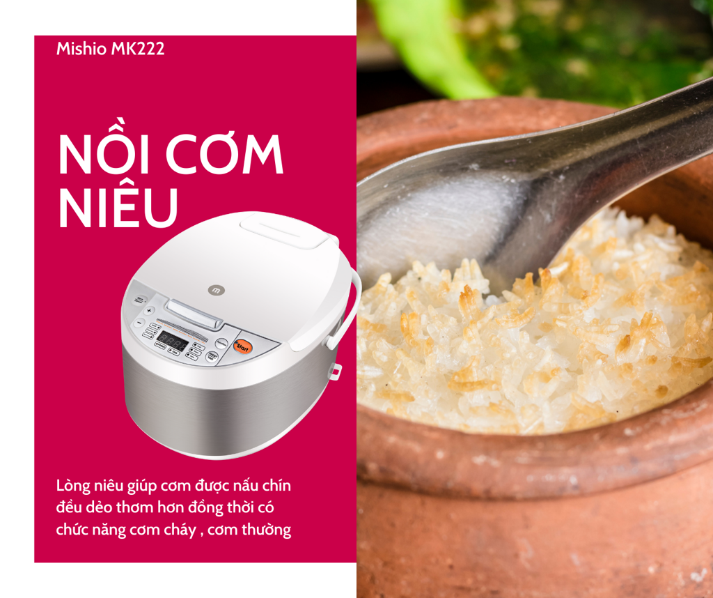 Nồi Cơm Điện Tử Lòng Niêu Mishio MK222 Màu trắng - Hàng chính hãng