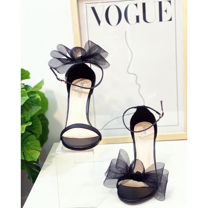 Giày cao gót nhọn 9cm quay nơ lưới đen