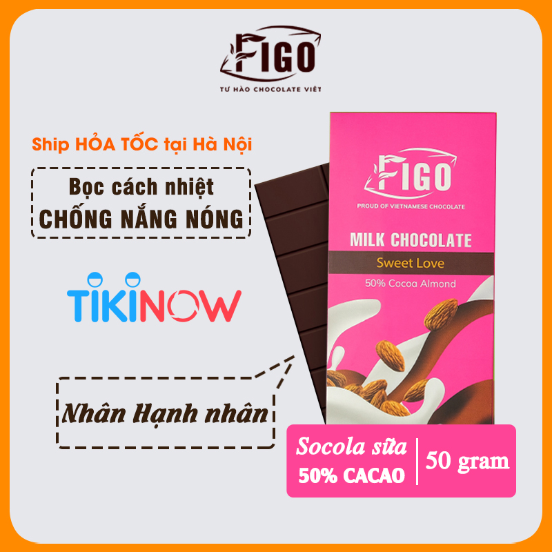 Combo 3 Thanh Kẹo Socola Milk Chocolate 50% Cacao Figo 50gr nhân hạt Điều, Hạnh Nhân, Sữa Dừa