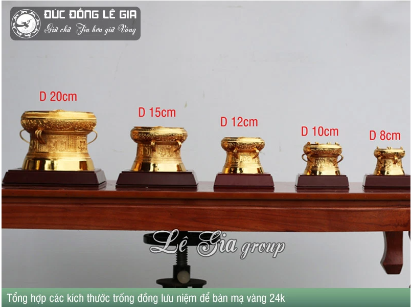 Trống đồng lưu niệm để bàn mạ vàng 24k