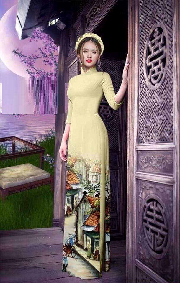 BỘ ÁO DÀI IN 3D NGÔI LÀNG KÈM QUẦN- BY2067 CÓ SIZE LỚN
