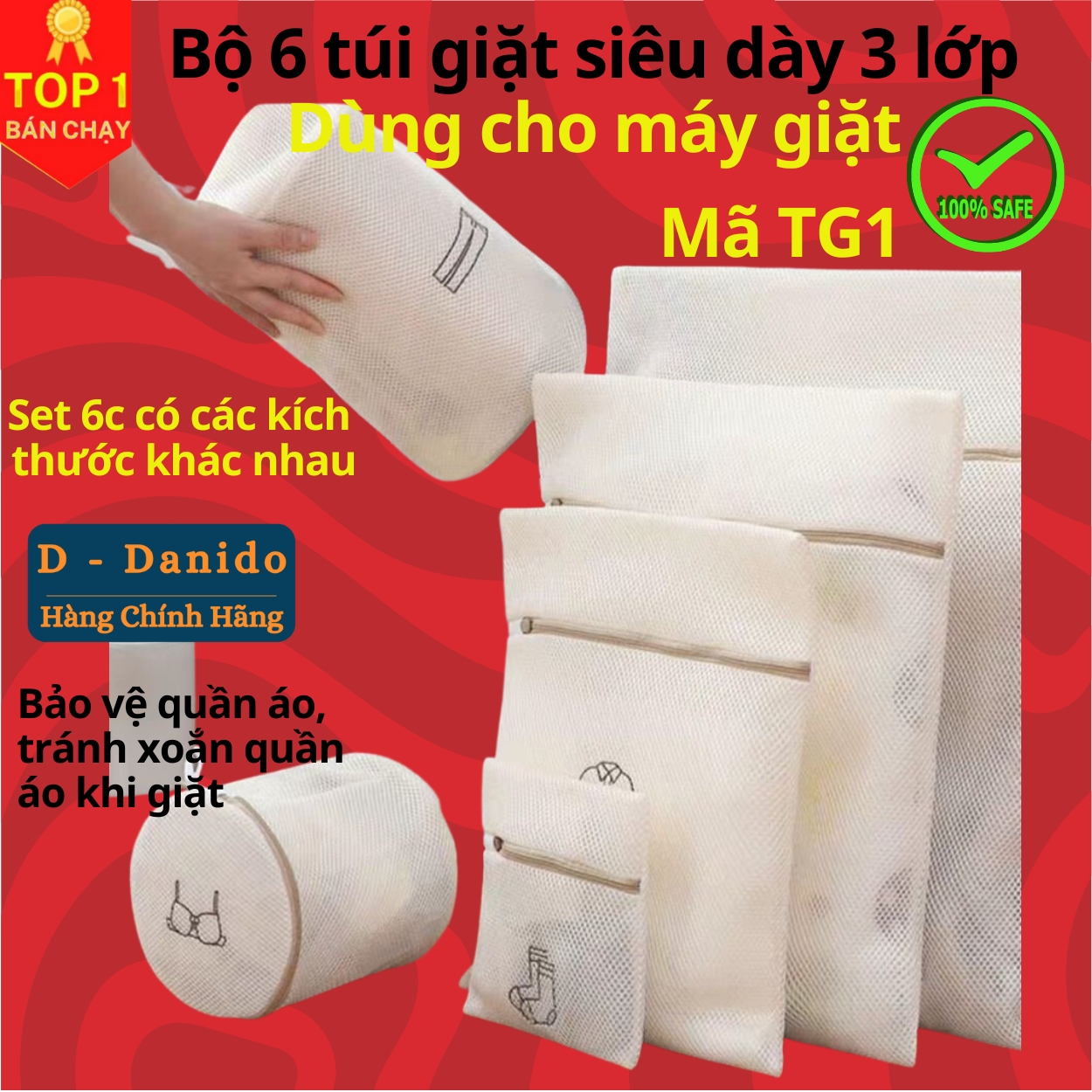 SET 6 túi giặt siêu dày 3 lớp cao cấp - Combo 6 túi lưới bảo vệ quần áo dùng cho máy giặt 3 lớp siêu bền tiện dụng chính hãng D Danido