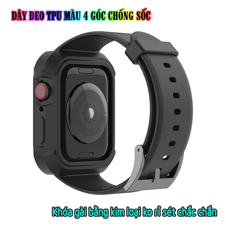 Dây Đeo liền ốp dành cho Apple Watch size 38/40/42/44mm TPU màu 4 góc chống sốc - Đen (tặng dán KCL theo size)