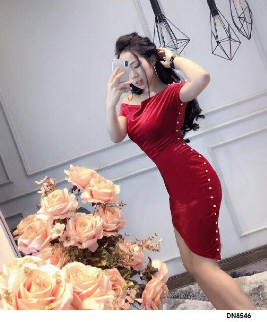 Đầm bẹt vai tay nhí xéo tà đính cườm