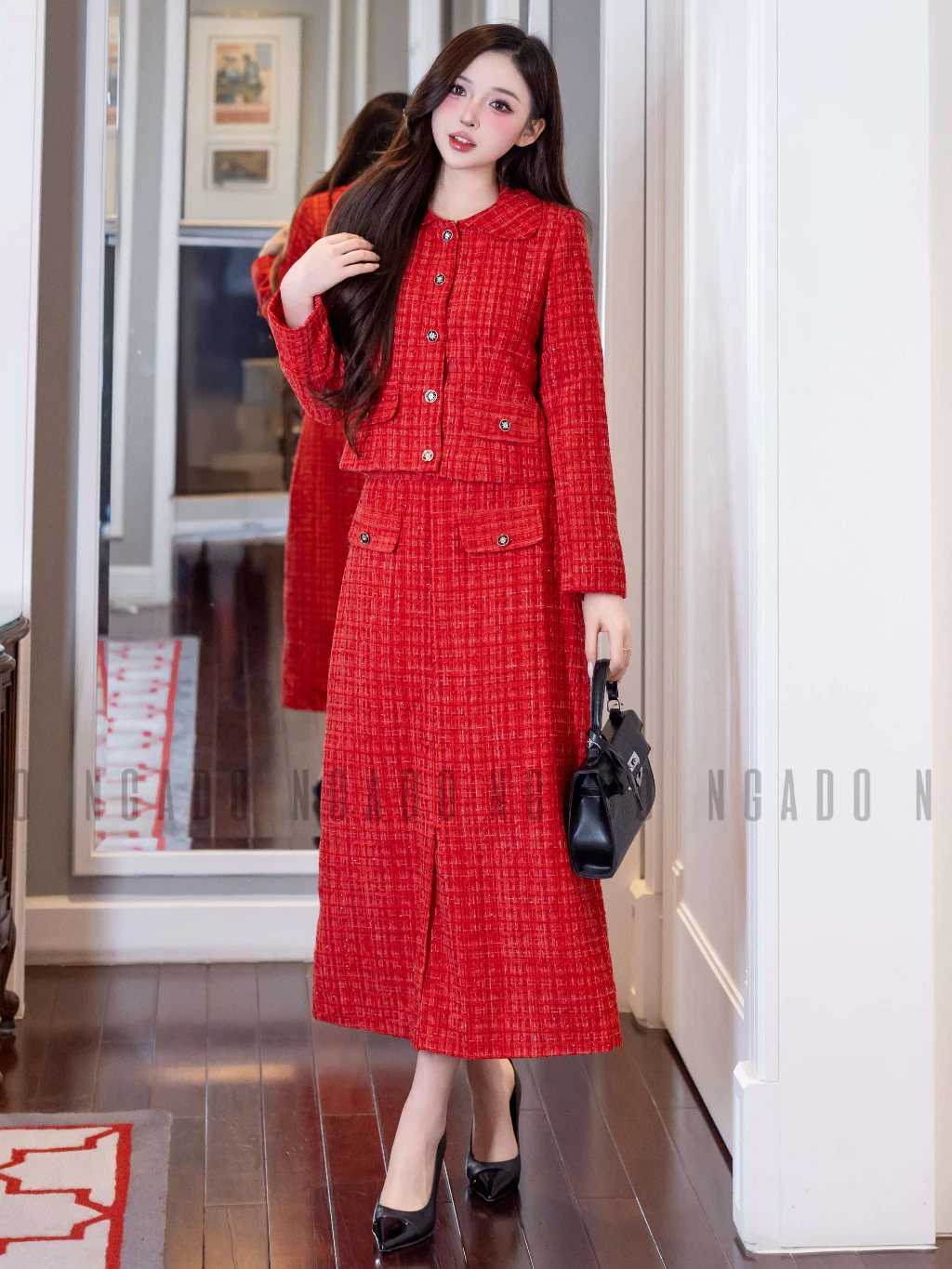 Set áo váy tweed đỏ NGADO , set áo kèm chân váy dáng dài